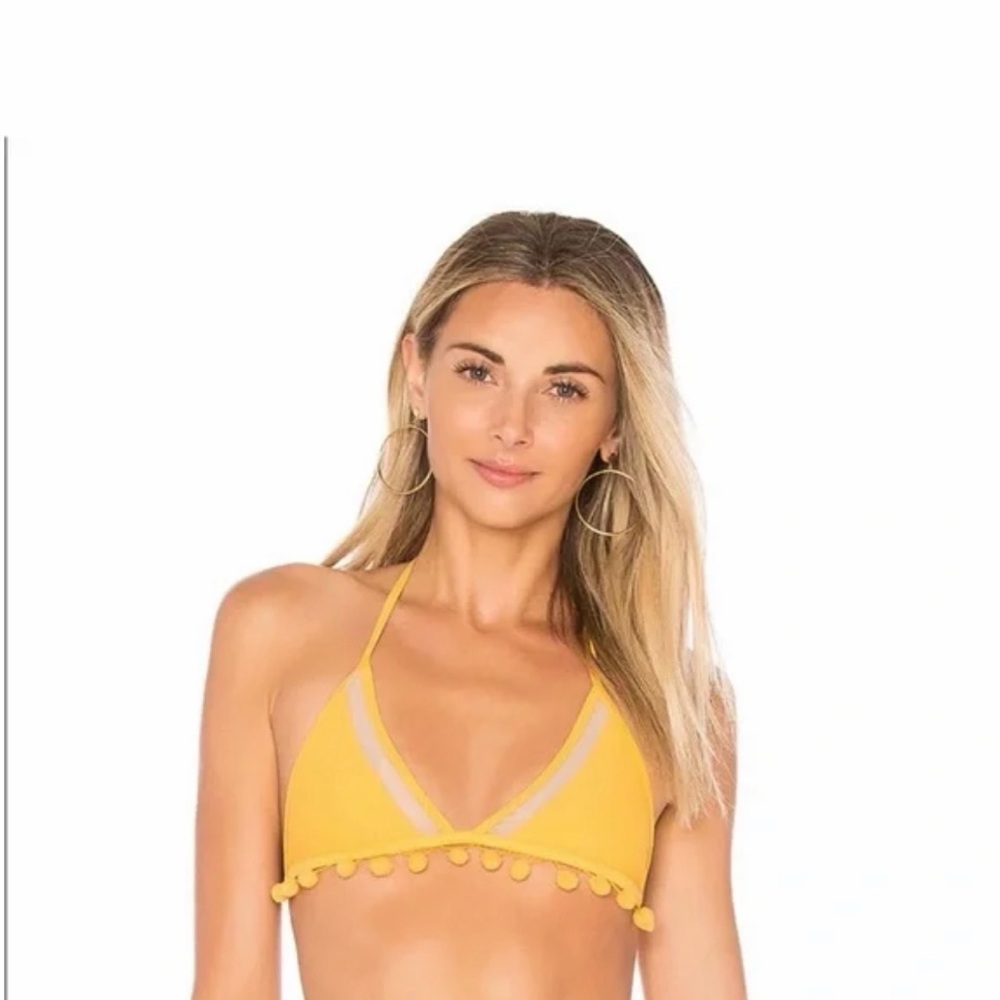 Tularosa Yellow Halter Bikini Top with Pom Pom Trim